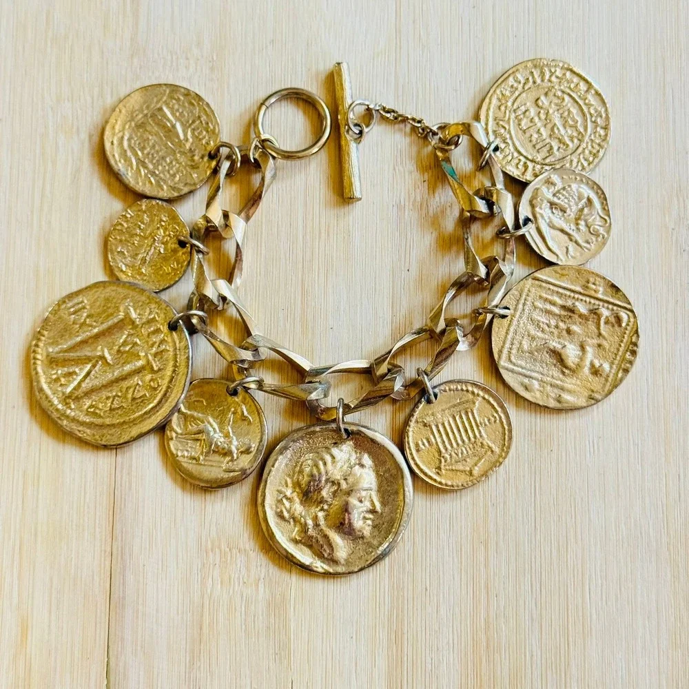 Runway Charm Bracelet VtG Greek Roman Coin Statement Dangle Gold Plated Chunky